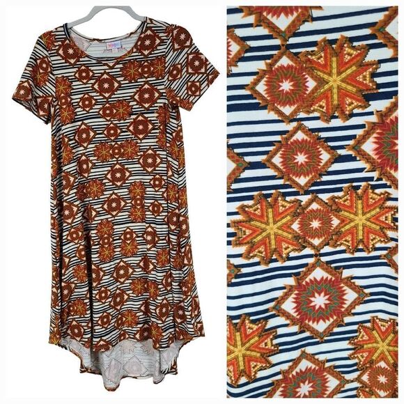 NEW LuLaRoe Carly Dress Tribal Brown Stripe Butter Soft Swing High-Low Midi XXS - Picture 1 of 6